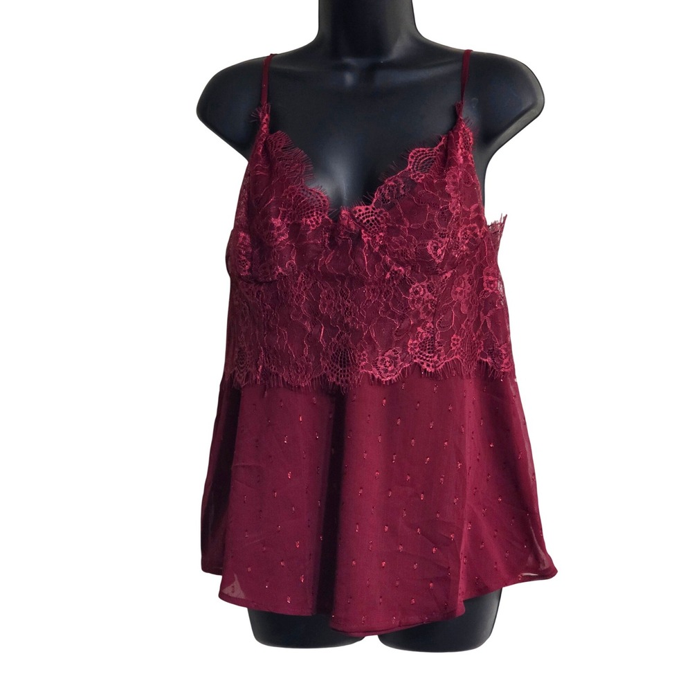 Blu Pepper Womens Burgundy Lace Trim Swiss Dot Cami Top Metallic Accent‎ Size L